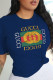 Navy Blue Casual Daily Print Patchwork Letter O Neck T-Shirts