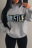 Grey Fashion Casual Letter Print Basic Hooded Collar Plus Size Tops
