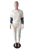 Beige Fashion Casual Patchwork Printing O Neck Long Sleeve Two Pieces