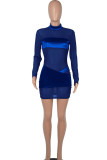Colorful Blue Sexy Solid Patchwork See-through Mesh Half A Turtleneck One Step Skirt Dresses