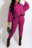 Rose Red Casual Solid Split Joint O Neck Long Sleeve Two Pieces