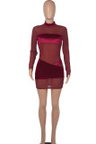 Burgundy Sexy Solid Patchwork See-through Mesh Half A Turtleneck One Step Skirt Dresses