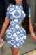 Blue Fashion Sexy Print Backless Half A Turtleneck Short Sleeve Dress