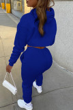 Blue Fashion Casual Solid Hollowed Out Hooded Collar Long Sleeve Three-piece Set
