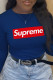 Navy Blue Street Sportswear Print Patchwork Letter O Neck Tops