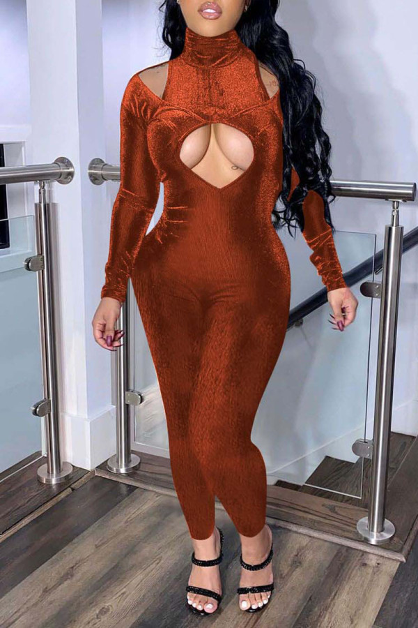 Caramel Colour Sexy Solid Hollowed Out Patchwork Turtleneck Skinny Jumpsuits