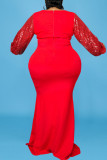 Red Elegant Solid Split Joint Sequins O Neck Long Sleeve Plus Size Dresses