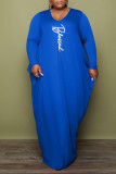 Light Blue Casual Print Patchwork Fold O Neck Long Sleeve Plus Size Dresses