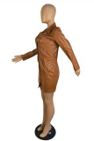 Brown Fashion Casual Solid Fold Turndown Collar Long Sleeve Dresses