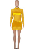 Yellow Sexy Solid Patchwork See-through Mesh Half A Turtleneck One Step Skirt Dresses
