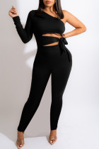 Black Sexy Casual Solid Bandage Hollowed Out Oblique Collar Long Sleeve Two Pieces