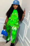 Fluorescent green Fashion adult Ma'am OL Patchwork Print Tie Dye Two Piece Suits pencil Short Sleeve Two Pieces
