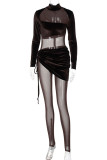 Black Sexy Solid Bandage Patchwork See-through Fold Asymmetrical Long Sleeve Two Pieces