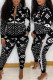 Black Fashion Street Print Patchwork Zipper Collar Long Sleeve Two Pieces