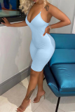 Blue Sexy Solid Patchwork Spaghetti Strap Skinny Rompers