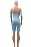 Blue Sexy Solid Patchwork Spaghetti Strap Skinny Rompers