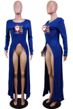 Blue Casual Print Split Joint O Neck Irregular Dress Dresses