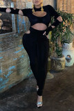 Black Sexy Solid Hollowed Out Split Joint O Neck Skinny Jumpsuits