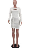 White Sexy Solid Hollowed Out Split Joint Draw String Fold Asymmetrical Collar One Step Skirt Dresses