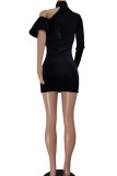 Black Sexy Solid Hollowed Out Patchwork Asymmetrical Half A Turtleneck One Step Skirt Dresses