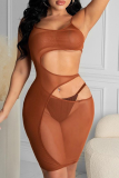 Brown Sexy Solid Mesh Spaghetti Strap Pencil Skirt Dresses