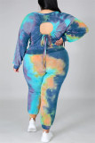 Multicolor Fashion Casual Print Tie Dye Backless O Neck Plus Size Two Pieces