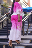 Pink Casual Gradual Change Print Patchwork O Neck Long Sleeve Two Pieces