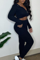 Black Casual Solid Split Joint Zipper Hooded Collar Long Sleeve Two Pieces