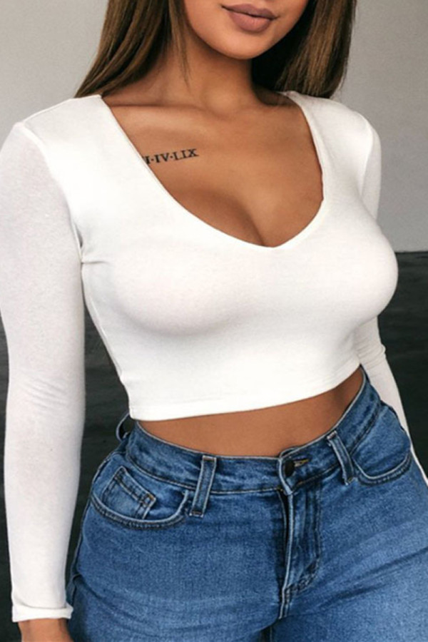 White Casual Solid Basic V Neck Tops