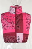 Rose Red Fashion Casual Print Split Joint Zipper Collar Outerwear