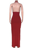 Wine Red Fashion OL Solid backless V Neck Step Skirt Dresses