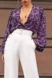 Purple Sexy Print Split Joint Buckle V Neck Straight Jumpsuits