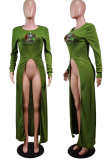 Army Green Casual Print Patchwork O Neck Irregular Dress Dresses