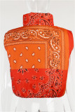 Orange Fashion Casual Print Split Joint Zipper Collar Outerwear