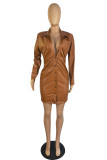 Brown Fashion Casual Solid Fold Turndown Collar Long Sleeve Dresses