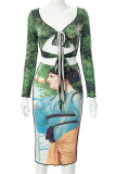 Green Fashion Sexy Print Bandage Hollowed Out V Neck Long Sleeve Two Pieces