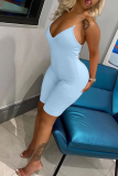 Blue Sexy Solid Patchwork Spaghetti Strap Skinny Rompers