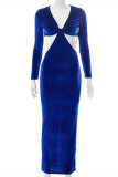 Blue Fashion Sexy Solid Hollowed Out V Neck Long Sleeve Dresses