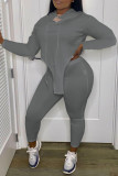 Grey Casual Solid Patchwork Asymmetrical Hooded Collar Plus Size Two Pieces