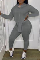Grey Casual Solid Split Joint Asymmetrical Hooded Collar Plus Size Two Pieces