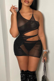 Black Sexy Solid Mesh Spaghetti Strap Pencil Skirt Dresses