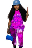 purple Fashion adult Ma'am OL Patchwork Print Tie Dye Two Piece Suits pencil Short Sleeve Two Pieces