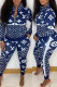 Peacock Blue Fashion Street Print Patchwork Zipper Collar Long Sleeve Two Pieces