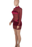 Burgundy Sexy Solid Patchwork See-through Mesh Half A Turtleneck One Step Skirt Dresses