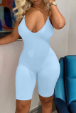 Blue Sexy Solid Patchwork Spaghetti Strap Skinny Rompers