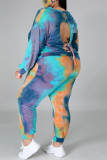 Multicolor Fashion Casual Print Tie Dye Backless O Neck Plus Size Two Pieces