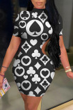 Blue Fashion Sexy Print Backless Half A Turtleneck Short Sleeve Dress
