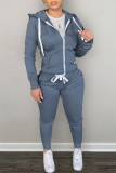 Grey Fashion Casual Solid Zipper Hooded Collar Long Sleeve Two Pieces