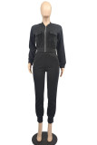 Black Casual Solid Patchwork Zipper Collar Long Sleeve Two Pieces