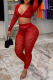 Red Sexy Patchwork See-through V Neck Long Sleeve Two Pieces